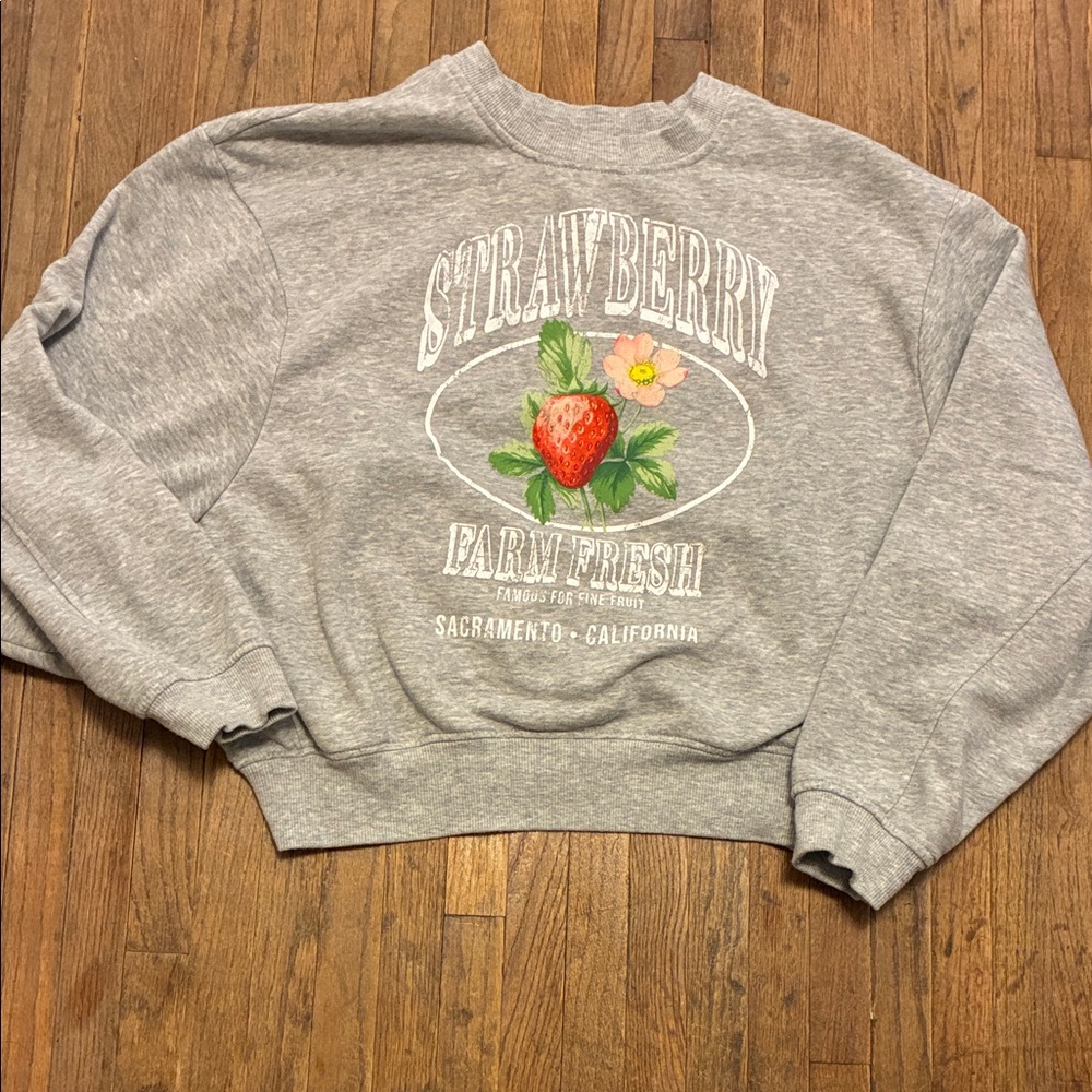 Cali Boutique Cropped Gray Strawberry Graphic Sweatshirt Medium